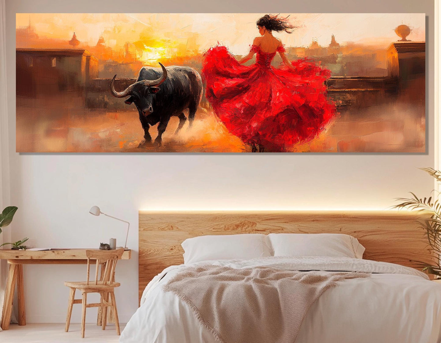 Corrida Painting Canvas – Lady in Red Dress Bullfight Wall Decor, Framed Art