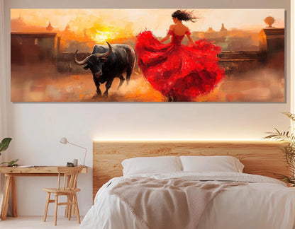Corrida Painting Canvas – Lady in Red Dress Bullfight Wall Decor, Framed Art