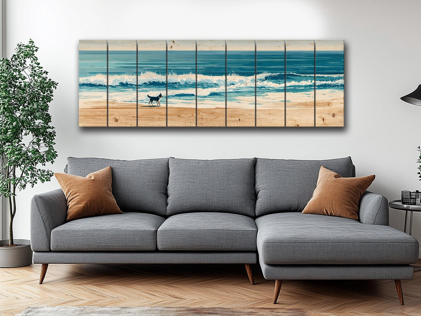 Coastal Beach Wall Art – Running Dog Print on Rustic Wood for Beach House Decor