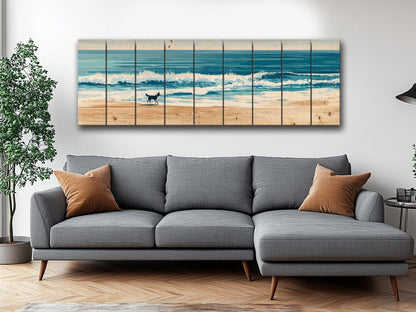 Coastal Beach Wall Art – Running Dog Print on Rustic Wood for Beach House Decor