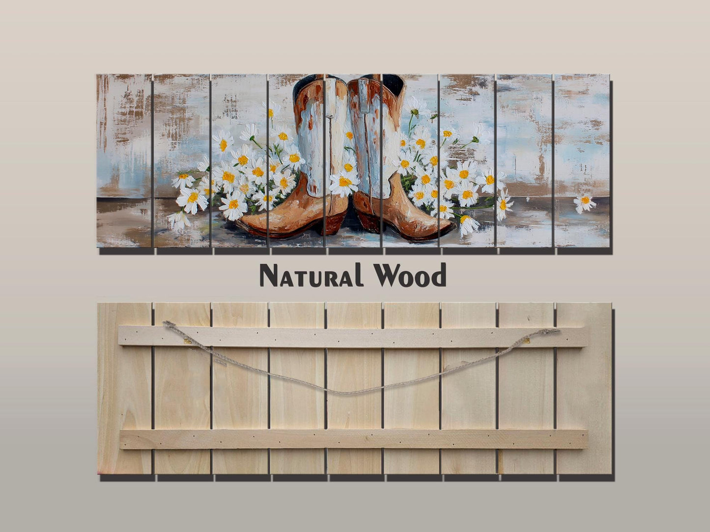 Cowboy Boots Wall Art - Handcrafted Wood Print | Rustic Western Decor with Daisies