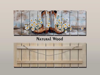 Cowboy Boots Wall Art - Handcrafted Wood Print | Rustic Western Decor with Daisies