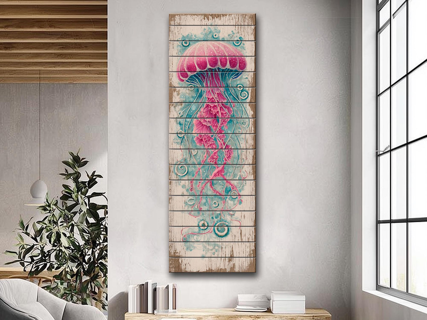 Jellyfish Wood Art – Nautical Wall Art Printed on Natural Wood with Soft Tones