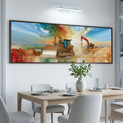 a large painting of a bulldozer on a construction site, with a dining table and chairs in the foreground.