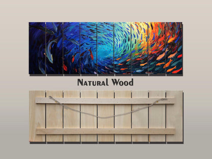 Fishing Wall Art – Colorful School Of Fish Wooden Wall Decor On Natural Wood Print