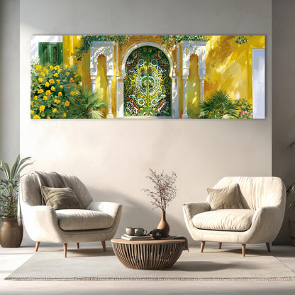 a living room with two white armchairs and a wooden coffee table, set against a wall with a large, colorful painting depicting a yellow building with a green door and arches.