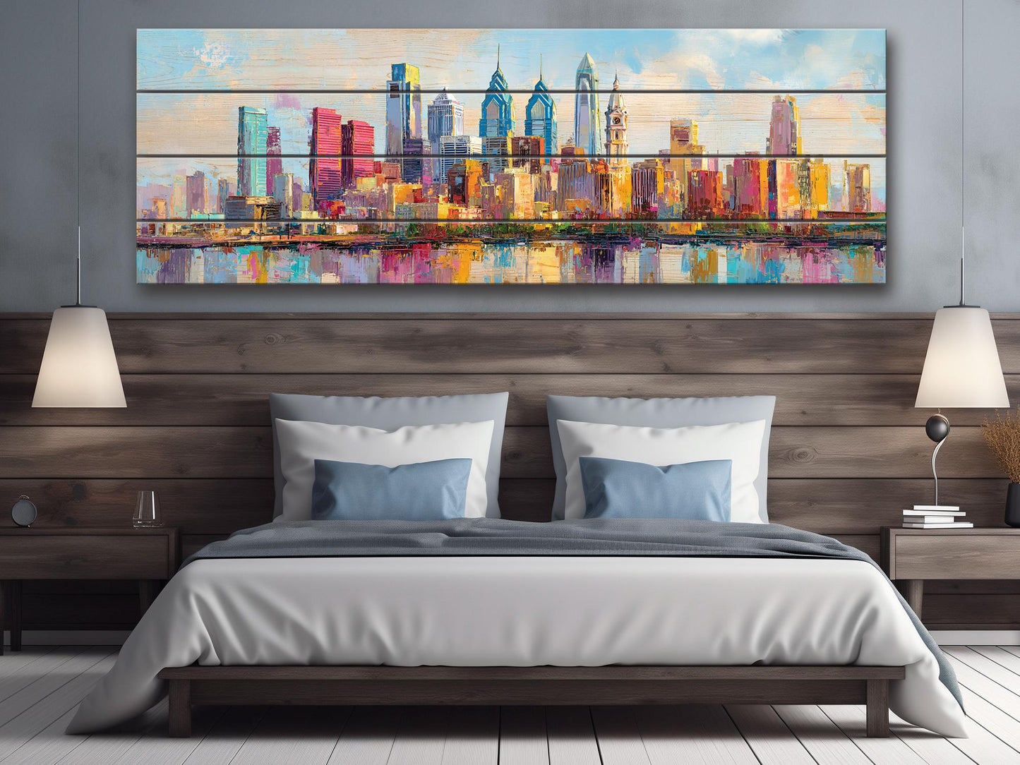Philadelphia Skyline with Liberty Bell Wood Print – Rustic Wall Art, Bright City Painting on Distressed Wood, Farmhouse Wall Decor