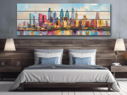 Philadelphia Skyline with Liberty Bell Wood Print – Rustic Wall Art, Bright City Painting on Distressed Wood, Farmhouse Wall Decor