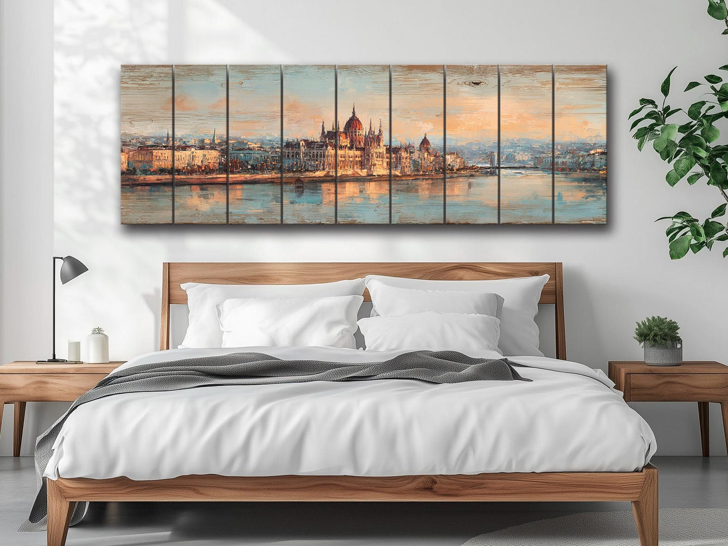 Budapest Wood Print – Rustic Wall Art With Parliament Skyline & Beige Distressed Wood