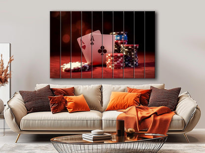 Poker Chips Wall Art – Rustic Wood Print | Casino Game Artwork on Wood Planks