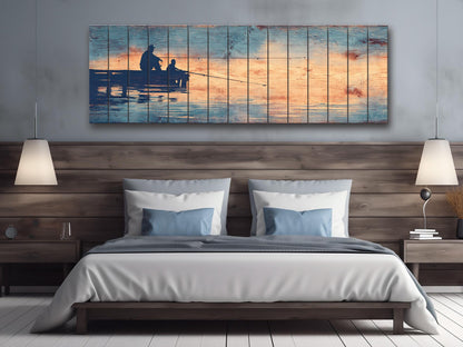 Father Child Fishing Art - Rustic Wooden Wall Art With Lake Dock Scene
