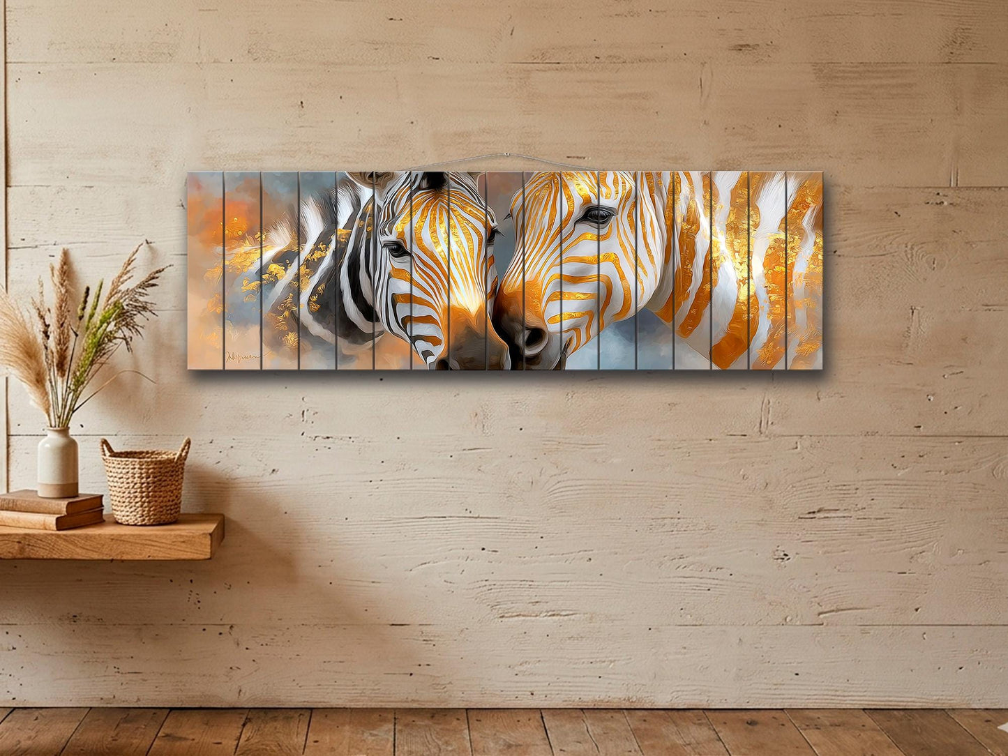 Golden Zebra Couple Print on Wood, Rustic Romantic Wall Decor