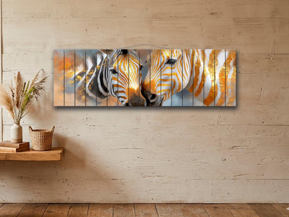 Golden Zebra Couple Print on Wood, Rustic Romantic Wall Decor
