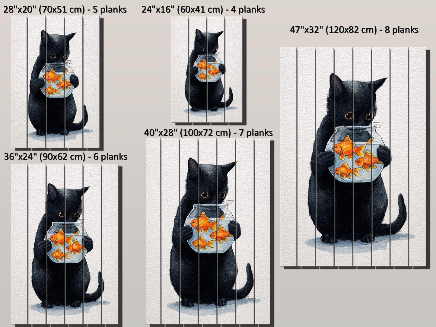 Black Cat Wall Art – Minimalist Wood Print on Natural Plank with Goldfish