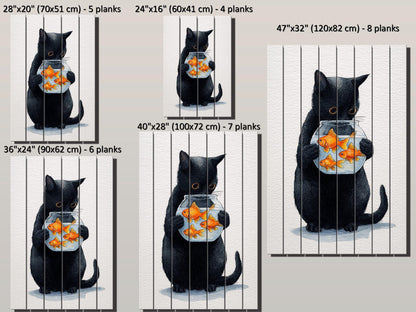 Black Cat Wall Art – Minimalist Wood Print on Natural Plank with Goldfish