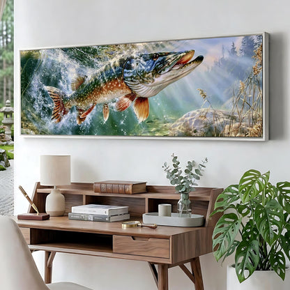 a large painting of a fish swimming in a body of water, hanging on a wall above a wooden desk with various items on it.