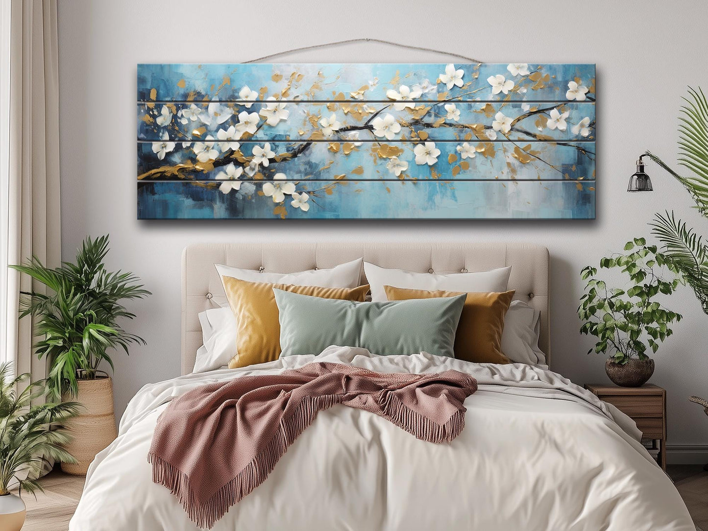 Abstract White Flowers Blossom Print On Natural Wood