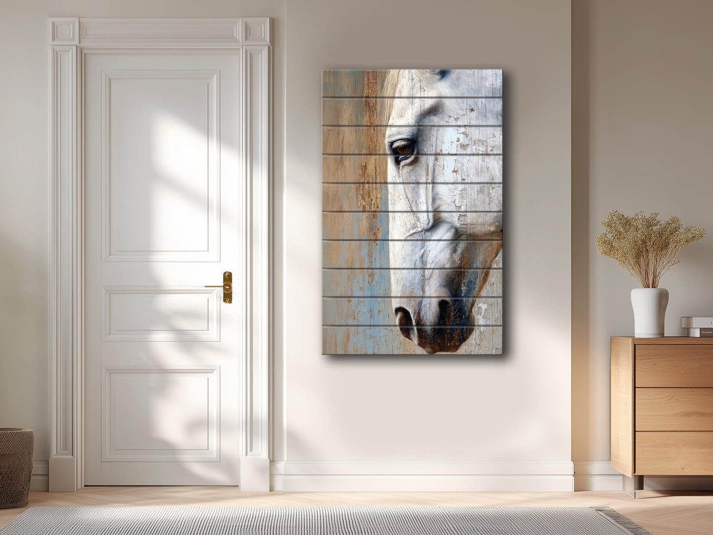 Rustic Horse Wall Art – Natural Wood Horse Print | Cozy Farmhouse Decor
