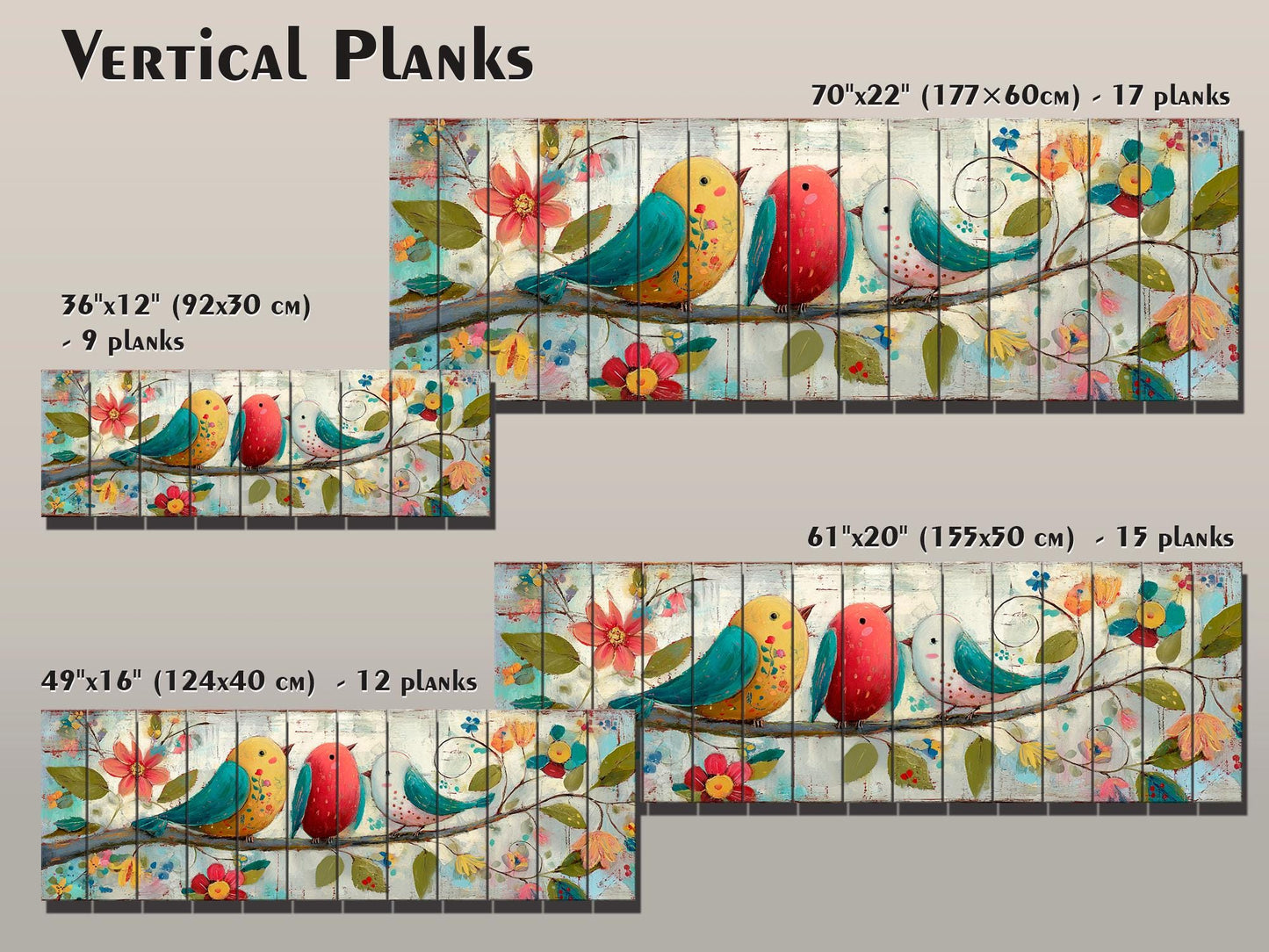 Wood Wall Art - Trio of Birds Print on Natural Wood Plank | Rustic Folk Art Decor