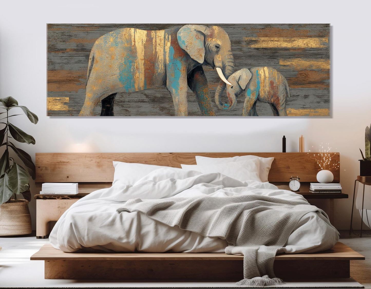 Elephants Wall Art – Rustic Mother Elephant Canvas Print | Ready to Hang Framed Decor