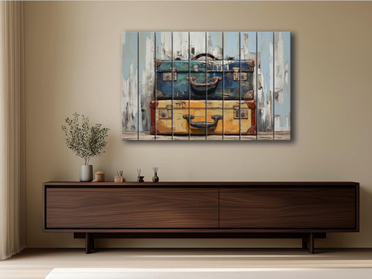 Retro Suitcases Painting | Vintage Travel Decor on Natural Wood Planks