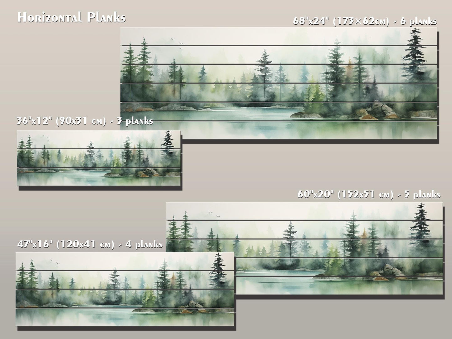 Lake And  Forest in Soft Watercolor Print On Natural Wood