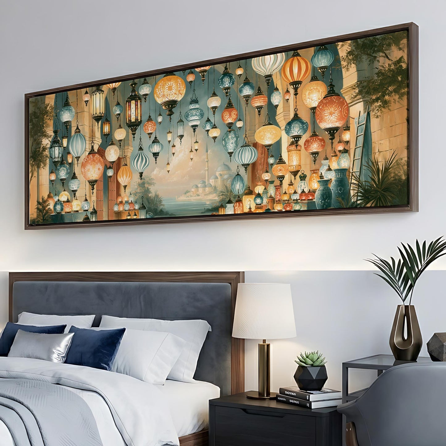 a large, colorful painting of hanging lanterns on a wall above a bed in a bedroom setting.