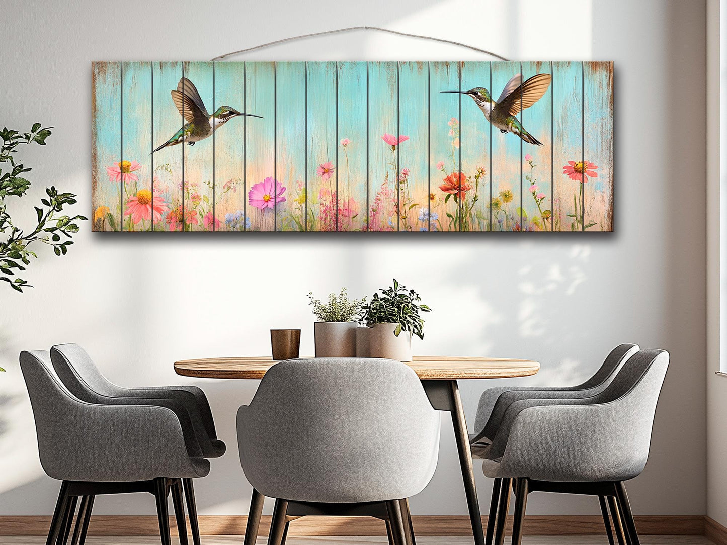 Rustic Wood Wall Art - Hummingbirds Around Wildflowers Print on Natural Wood, Birds Wall Art, Hummingbirds Print, Rustic Landscape Print