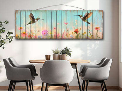 Rustic Wood Wall Art - Hummingbirds Around Wildflowers Print on Natural Wood, Birds Wall Art, Hummingbirds Print, Rustic Landscape Print