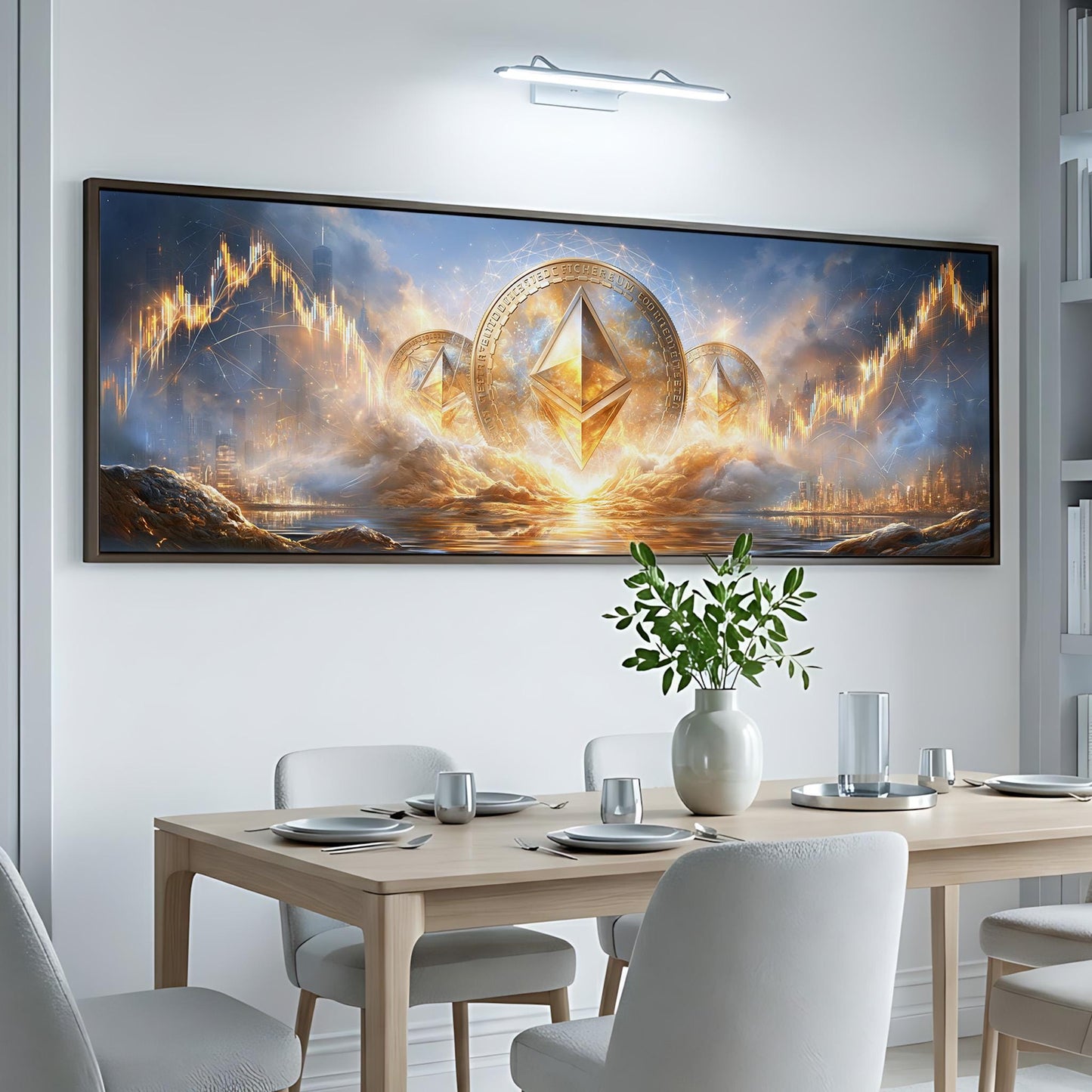 a large, colorful painting of a surreal landscape with a central diamond-shaped symbol surrounded by flames and clouds. The painting is displayed on a white wall above a dining table with chairs and place settings.