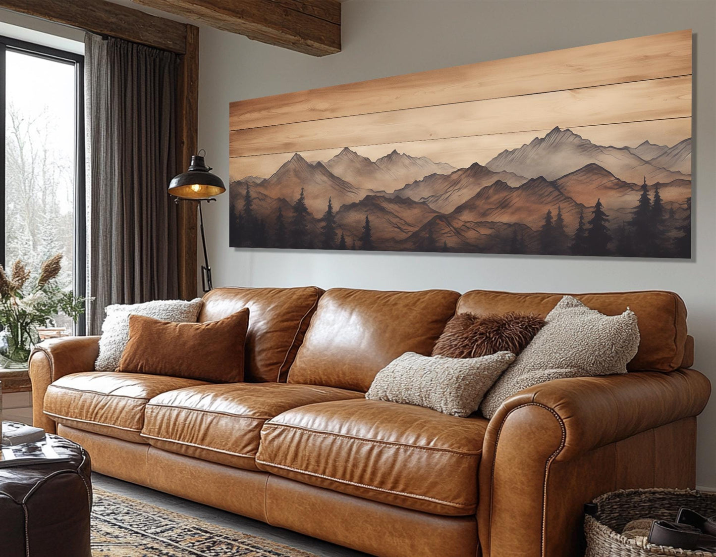Mountains Wall Art – Rustic Mountains Art Framed Canvas Print | Soft Tone Mountain Decor
