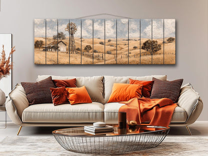Rustic Farmhouse Wall Art - Wooden Windmill Panoramic Wood Print Decor