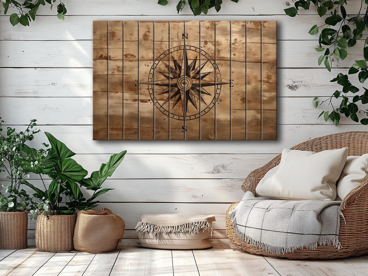 Rustic Compass Print – Nautical Wall Art on Natural Wood | UV Printed Wood Art