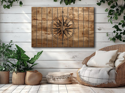 Rustic Compass Print – Nautical Wall Art on Natural Wood | UV Printed Wood Art