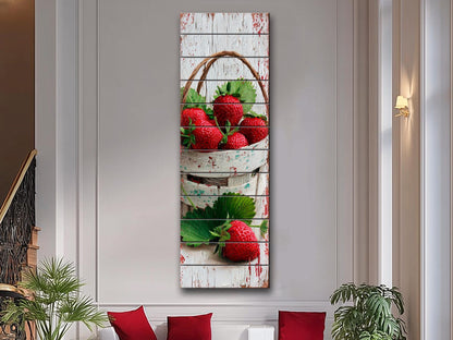 Rustic Wood Wall Art – Strawberry Basket Print | Farmhouse Wall Decor & Cozy Kitchen Decoration