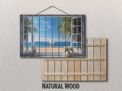Wood Wall Art – Open Window Sea View Painting on Natural Wood Planks | Nautical Decor