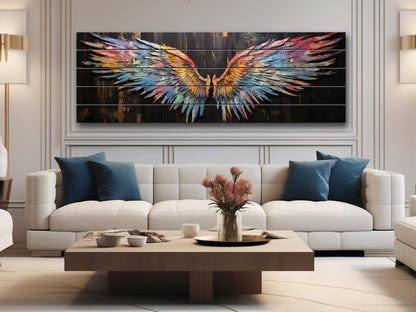 Wings Print Wood - Colorful Abstract Wings on Natural Wood | Rustic Wall Art