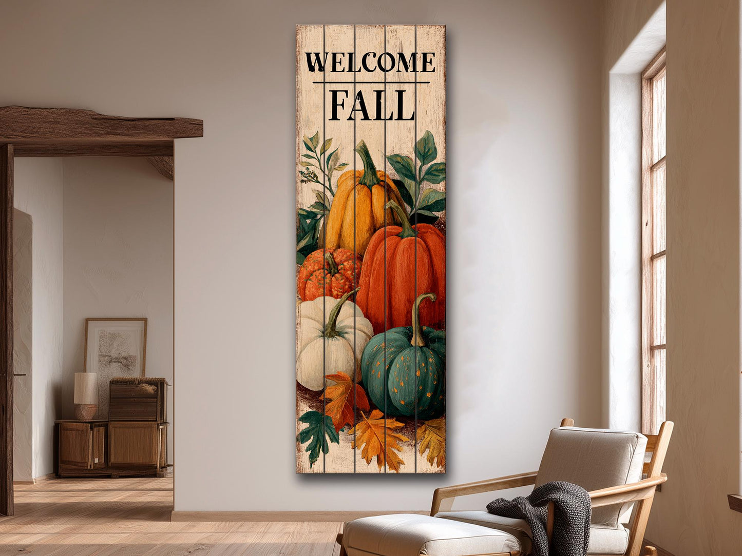 Rustic Wood Wall Art – Welcome Fall Sign with Hand Painted Pumpkins & Cozy Autumn Decor