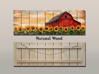 Rustic Wood Print – Sunflowers Field Art with Old Barn on Natural Wood Planks