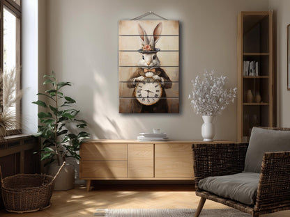 Vintage Rabbit Art – Rustic Wood Wall Art With Whimsical Animal Print Clock