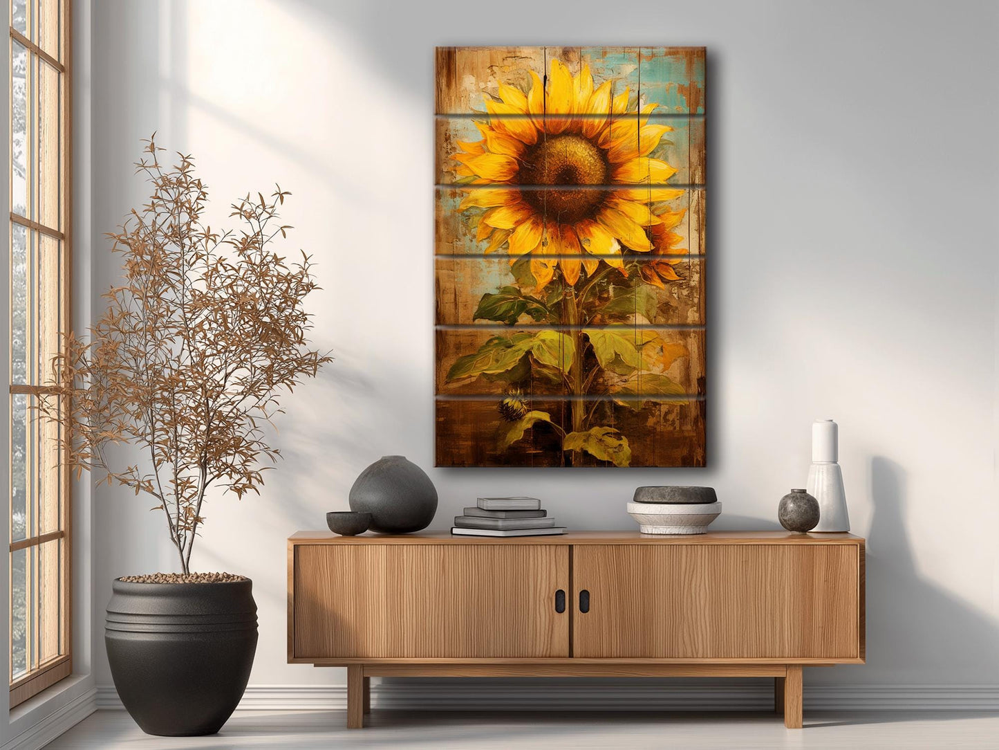 Sunflower Wood Art | Handcrafted Rustic Wall Decor with Unique Wood Grain Print