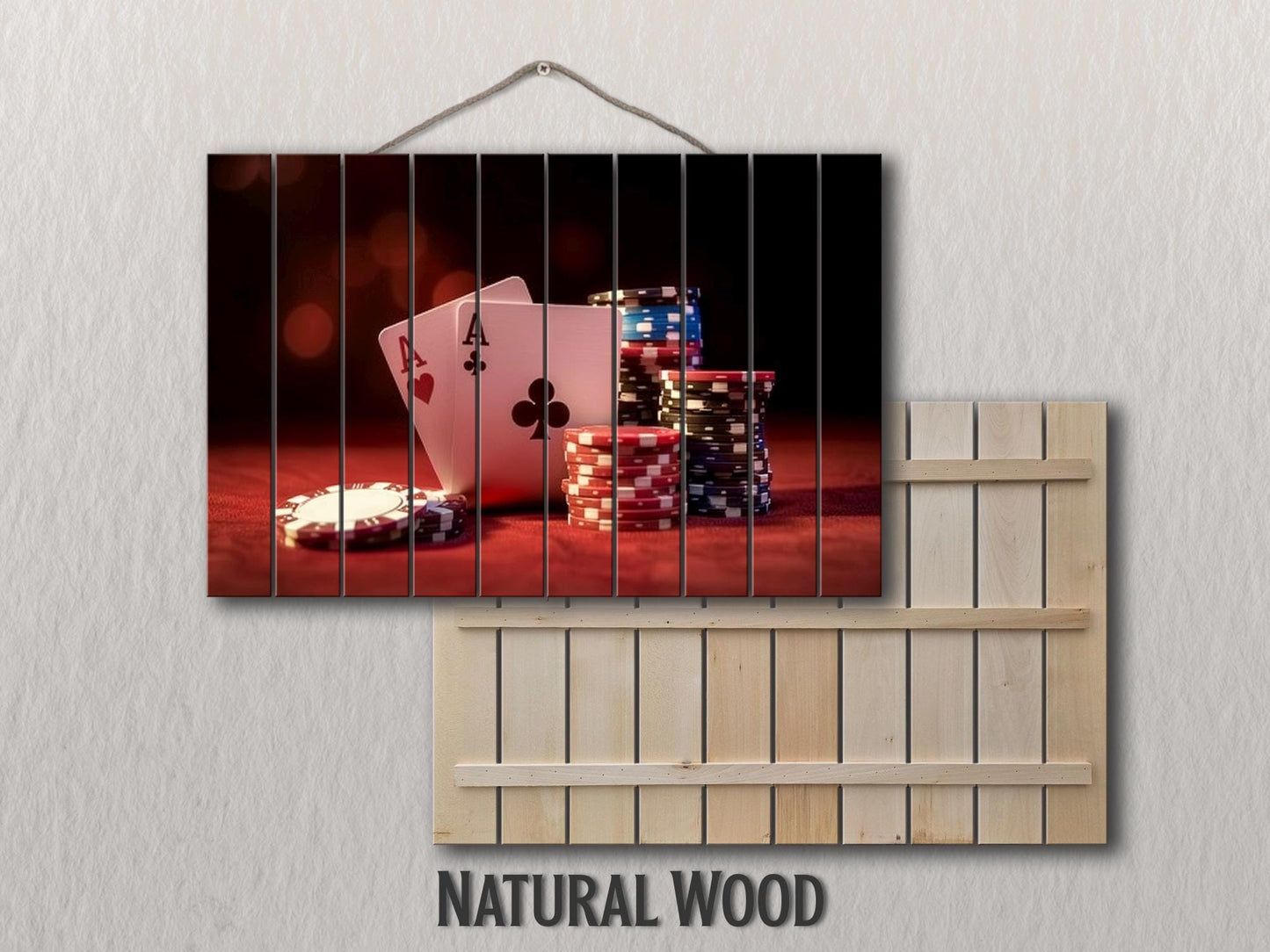 Poker Chips Wall Art – Rustic Wood Print | Casino Game Artwork on Wood Planks