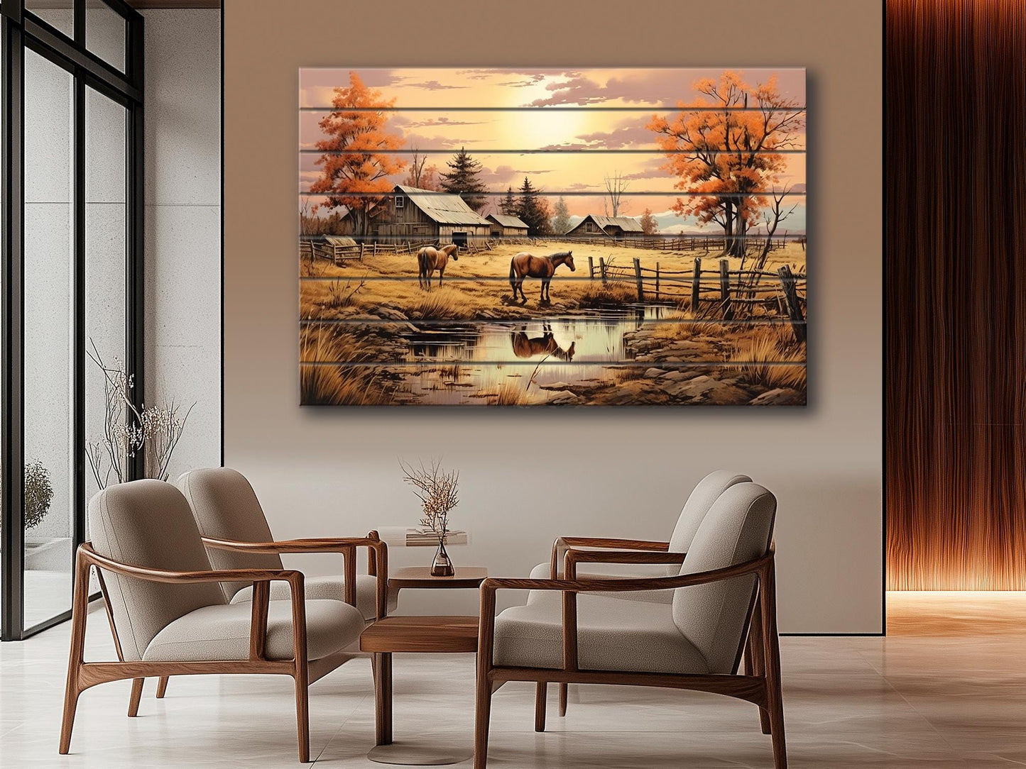 Midwestern Landscape Wood Print - Farmhouse Style Wood Plank Artwork Decor