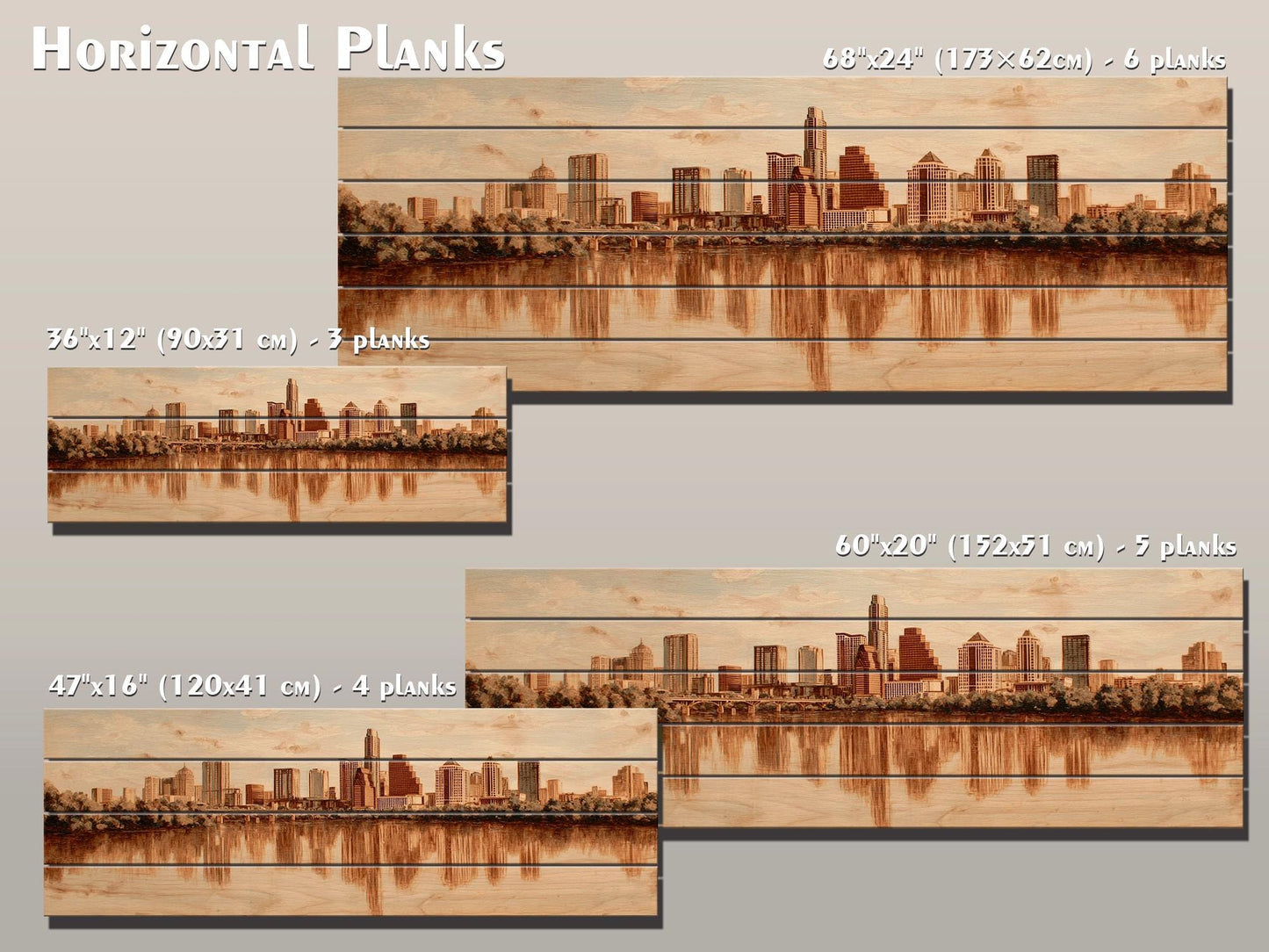 Austin Skyline Wood Print – Rustic Wood Art | Beige Wall Art, River Reflections Painting