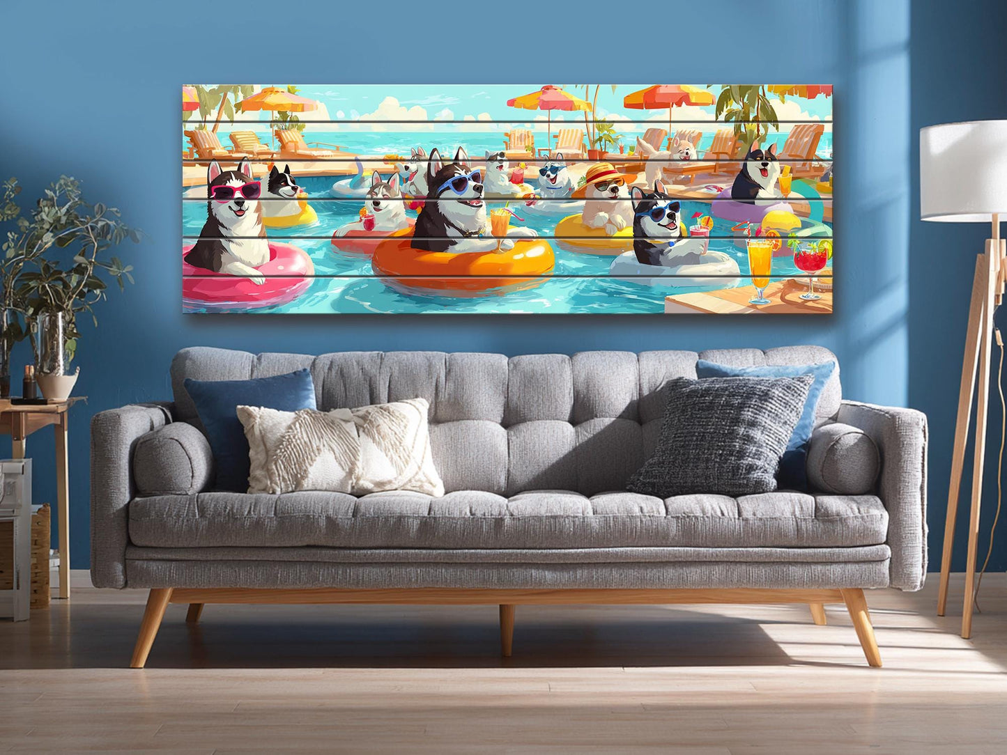 Funny Husky Wall Art – Playful Pool Party Print on Rustic Wood Decor