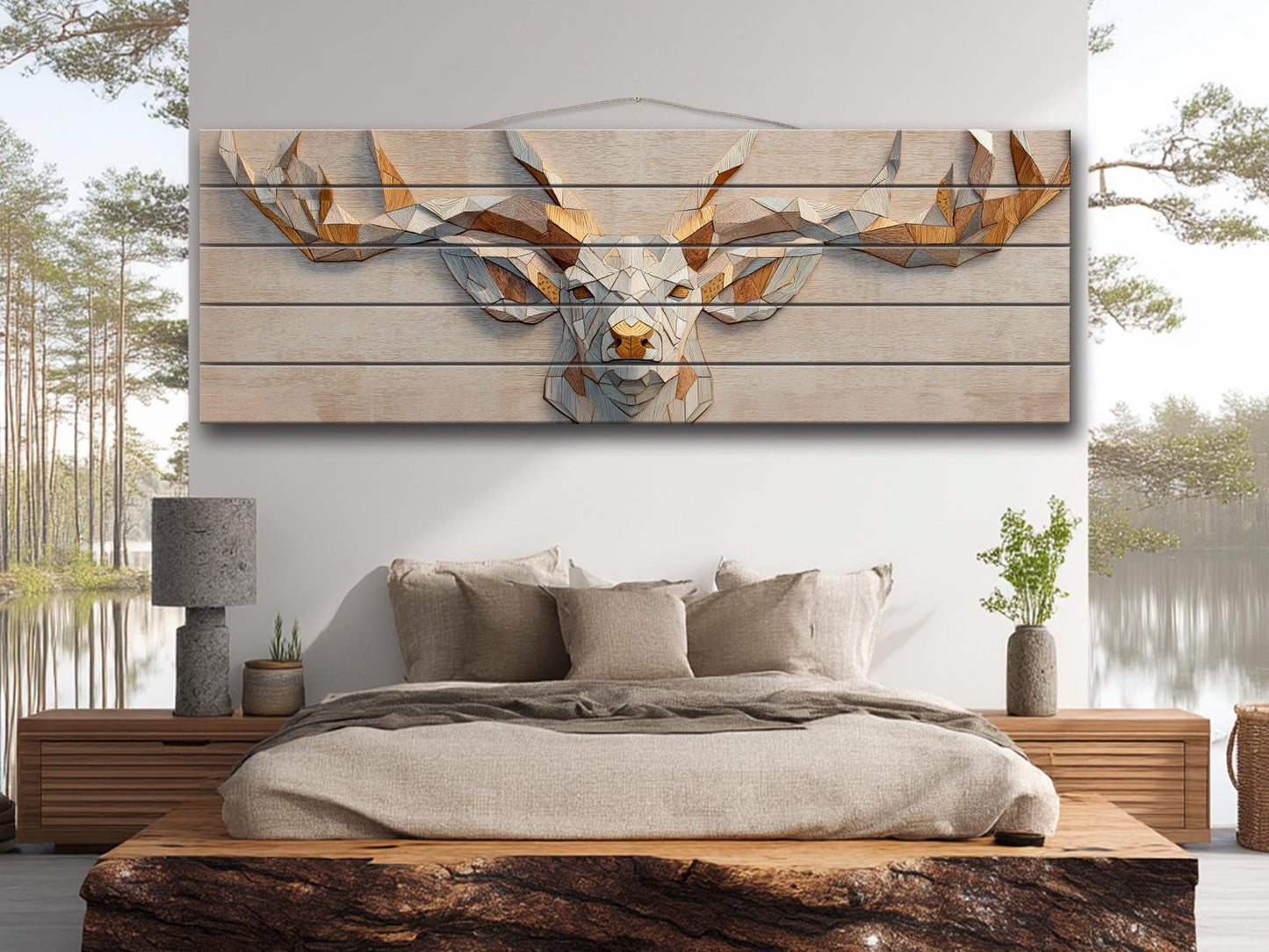 Deer Print Wood - Geometric Antlers Art | Rustic Wildlife Wall Art With Gold Accent