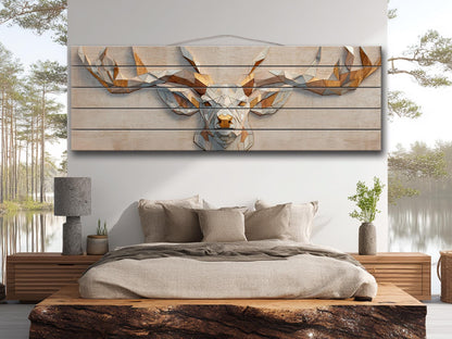 Deer Print Wood - Geometric Antlers Art | Rustic Wildlife Wall Art With Gold Accent