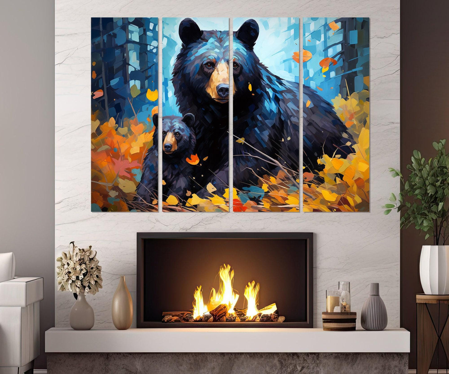 Black Bear Canvas - Kids Room Decor | Framed Wildlife Family Painting Ready to Hang