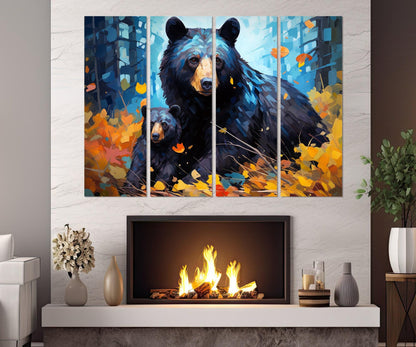 Black Bear Canvas - Kids Room Decor | Framed Wildlife Family Painting Ready to Hang