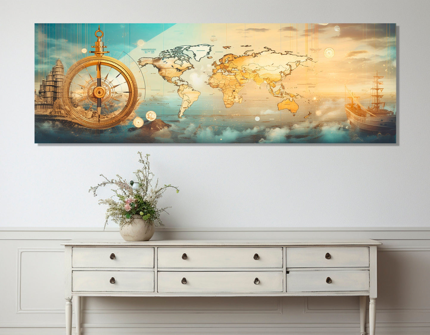 Travel Wall Art, Nautical Canvas Art, Abstract World Map Painting Canvas Print, Sailing Wall Art, Sailor Gift, Framed and Ready to Hang